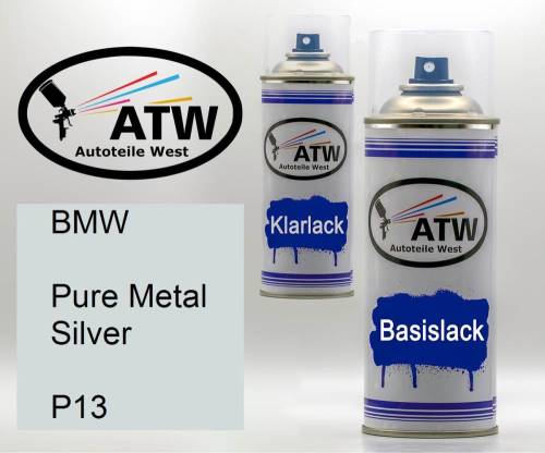 BMW, Pure Metal Silver, P13: 400ml Sprühdose + 400ml Klarlack - Set, von ATW Autoteile West.